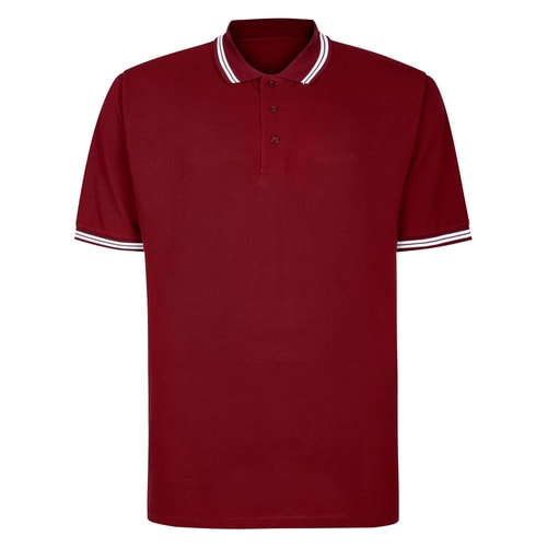 Burgundy polo shirt with striped collar and cuffs, front view.